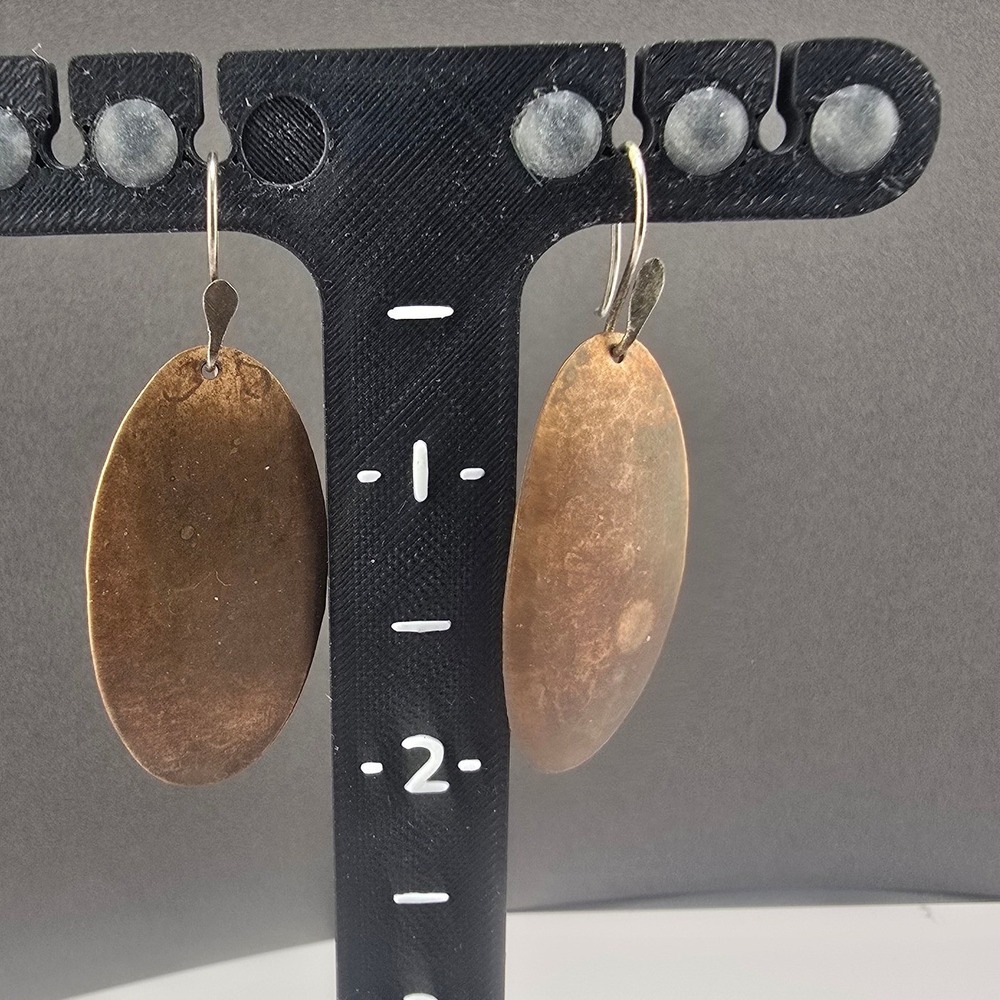 Vintage Signed Estate Earrings Copper Tone Hammered Oval Artisan Drop 1.75in